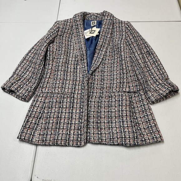 Anne Klein Blazer Womens M Blue Tweed Boucle Knit Jacket Open Front Long Line - Picture 3 of 15
